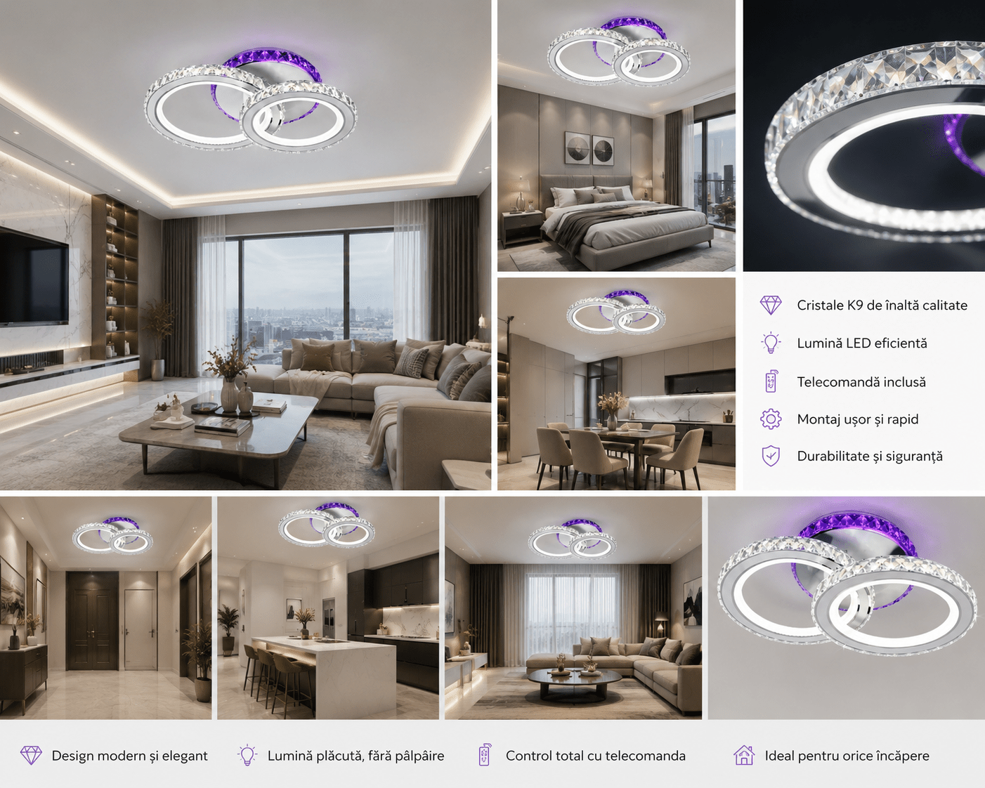 Lustră LED cu Telecomandă Josefina, 60W, Ø30 cm, Lumină Caldă/Neutră/Rece - AdeHouse — Finisaje și Iluminat Premium.