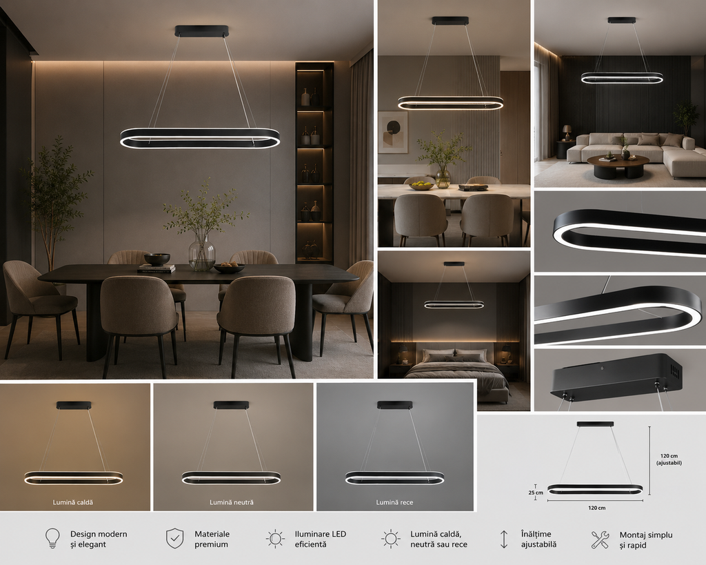 Pendul LED cu Telecomandă Emberly 140W, Lumină Caldă/Neutră/Rece, Dimabil, Negru