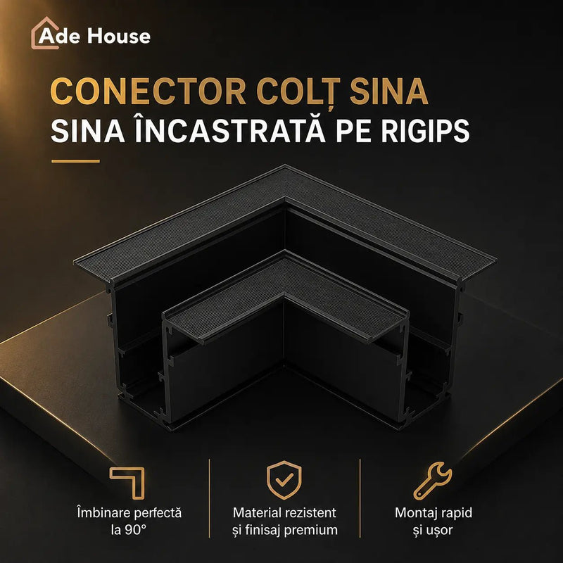 Conector 90° pentru Șină Magnetică Încastrată Rigips – Negru