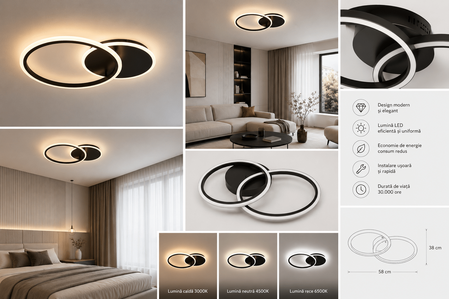 Lustră LED cu Telecomandă Tiberia, 66W, Lumină Caldă/Neutră/Rece, Negru - AdeHouse — Finisaje și Iluminat Premium.