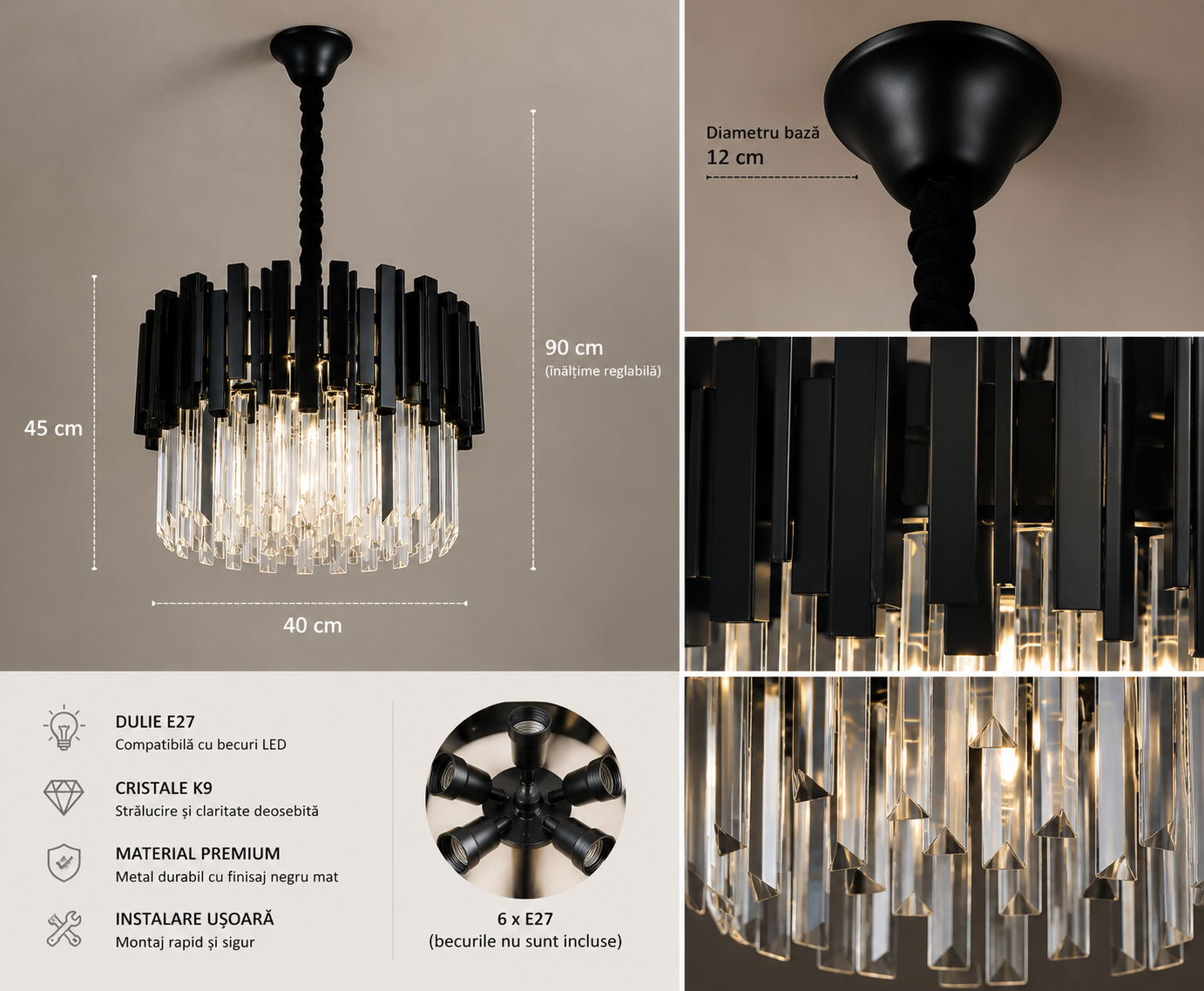 Candelabru Cristal Umbriela, Ø40 cm, Negru