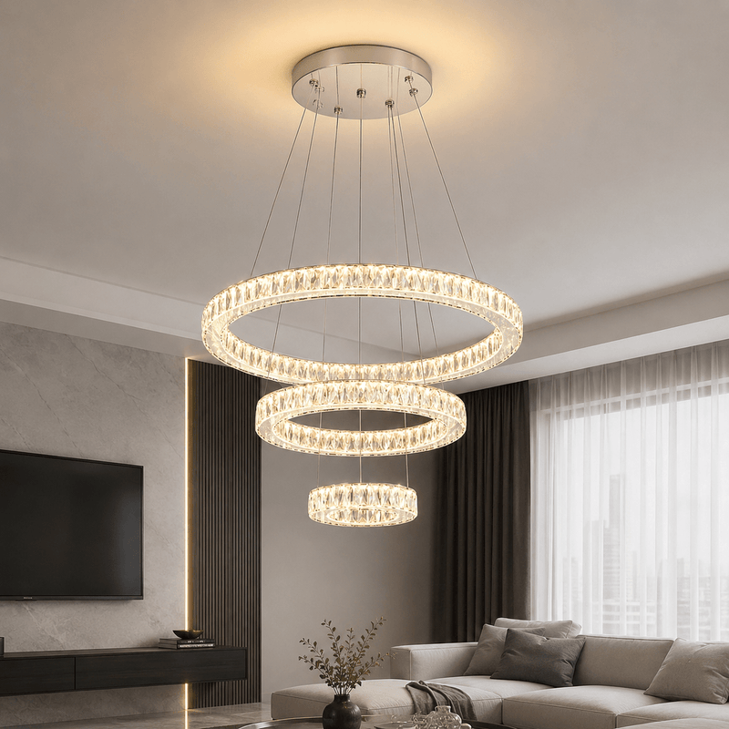 Pendul LED cu Telecomandă Valentina II 120W, Ø60 cm, cu Inele, cu Cristale, Dimabil, Alb