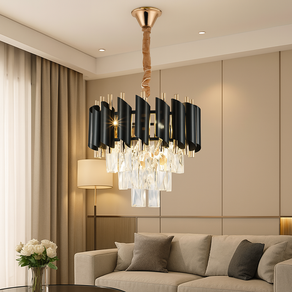 Candelabru Cristal Ulrica 60W, Ø30 cm, Negru/Auriu