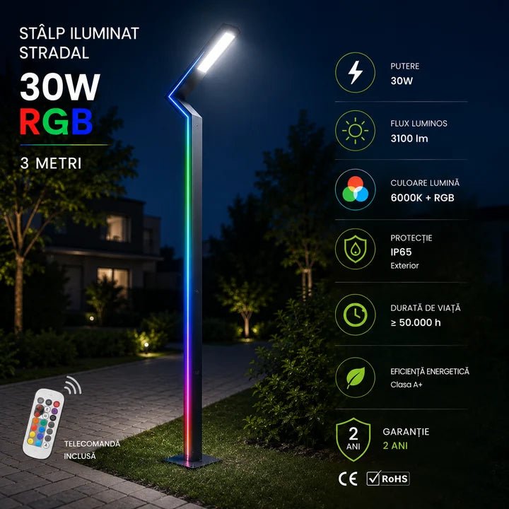 Stâlp LED RGB 30W pentru Exterior, 3m, Telecomandă - AdeHouse — Iluminat Modern la Preț Bun