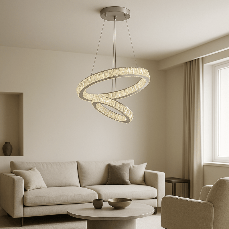 Pendul LED cu Telecomandă Galatea 100W, Ø50 cm, cu Inele, cu Cristale, Lumină Caldă/Neutră/Rece, Dimabil