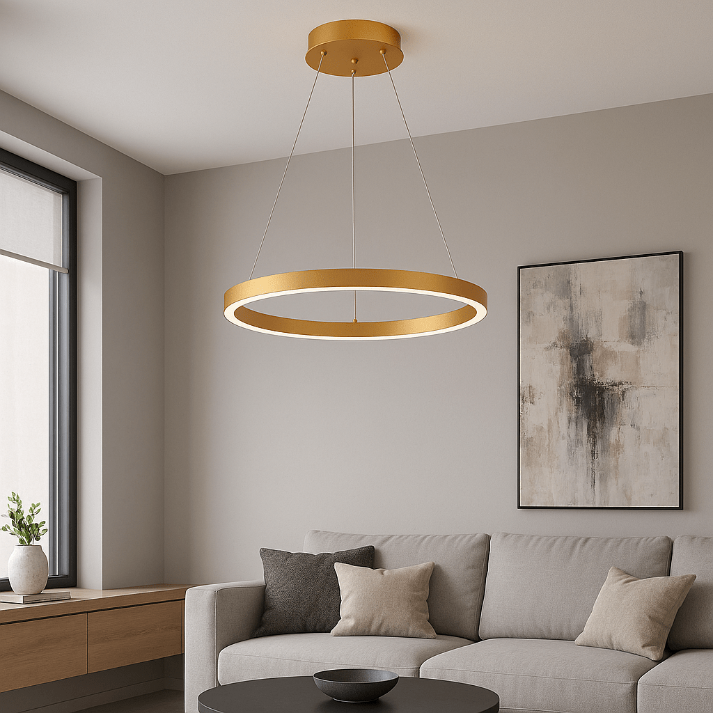 Pendul LED cu Telecomandă Lucilla, 61W, cu Inele, Lumină Caldă/Neutră/Rece, Auriu - AdeHouse — Finisaje și Iluminat Premium.