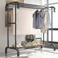 Suport dublu de umerase pentru haine, cu 1 suport de pantofi, din metal, cu raft depozitare deasupra – 50KG greutate maxima, 150x110x50cm