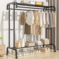 Suport dublu de umerase pentru haine, cu 1 suport de pantofi, din metal, cu raft depozitare deasupra – 50KG greutate maxima, 150x110x50cm