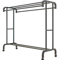 Suport dublu de umerase pentru haine, cu 1 suport de pantofi, din metal, cu raft depozitare deasupra – 50KG greutate maxima, 150x110x50cm