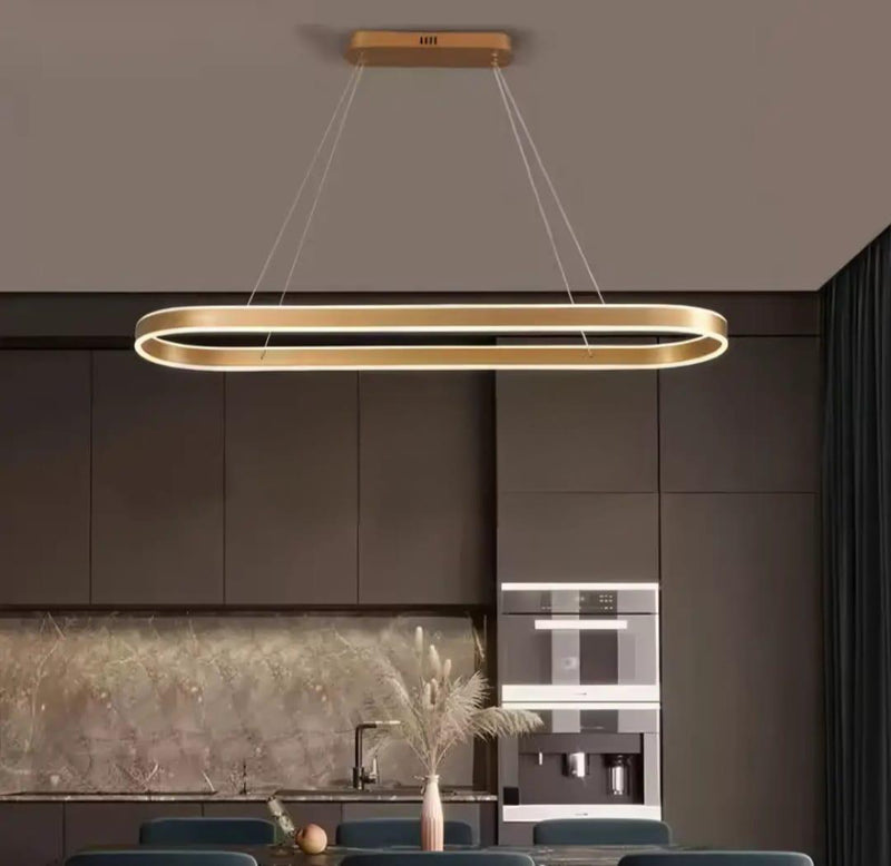 Pendul LED cu Telecomandă Gwendolyn 140W, 80×30 cm, Lumină Caldă/Neutră/Rece, Auriu/Alb