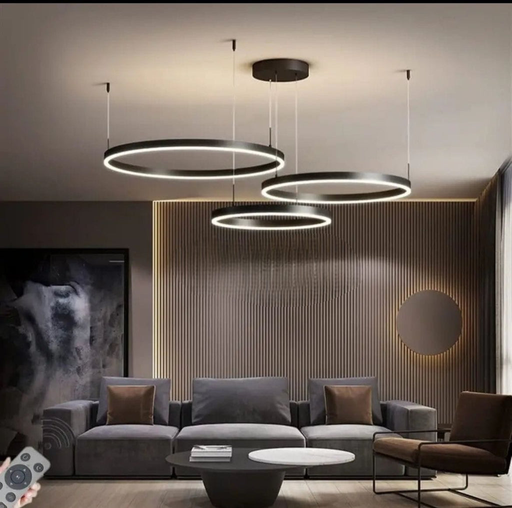 Pendul LED cu Telecomandă Melisande II 200W, cu Inele, Lumină Caldă/Neutră/Rece, Dimabil, Negru