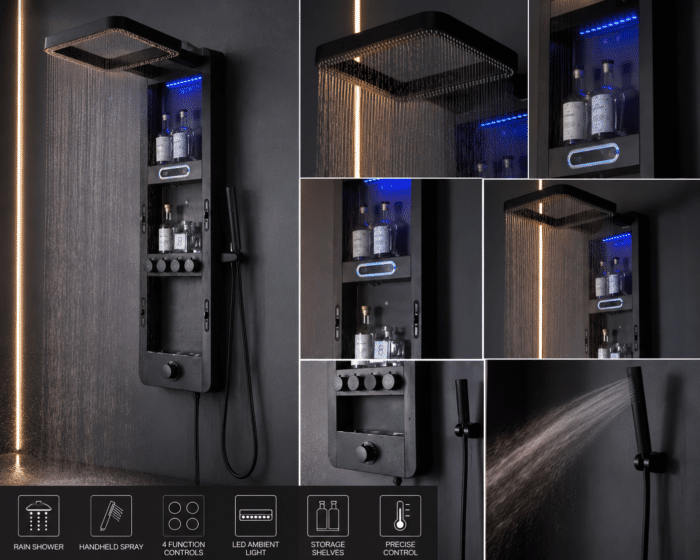 Panou de Dus Noctis Black – cu Display Digital, LED și Hidromasaj