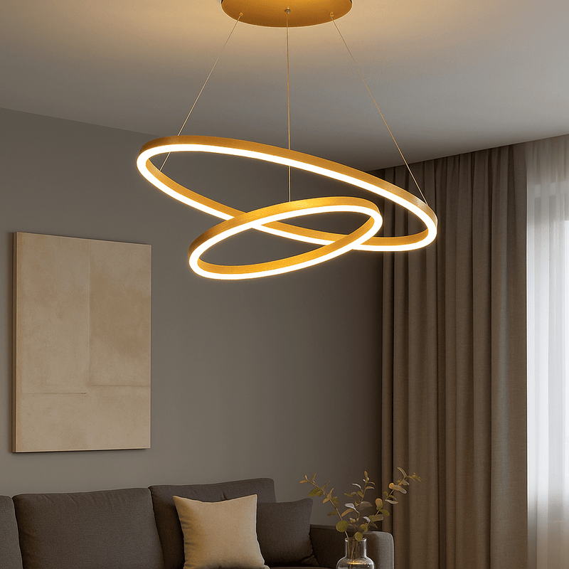 Pendul LED cu Telecomandă Delphine II 140W, Ø50 cm, cu Inele, Lumină Caldă/Neutră/Rece, Dimabil, Auriu