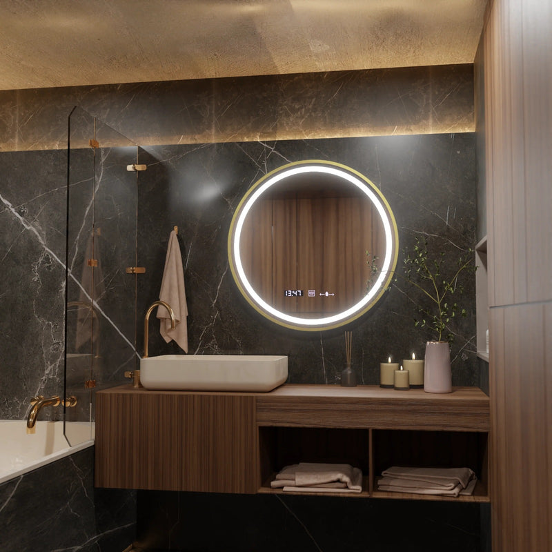 Oglindă LED Baie cu Dezaburire Xanthe II, 70×70 cm, cu Inele, Ceas