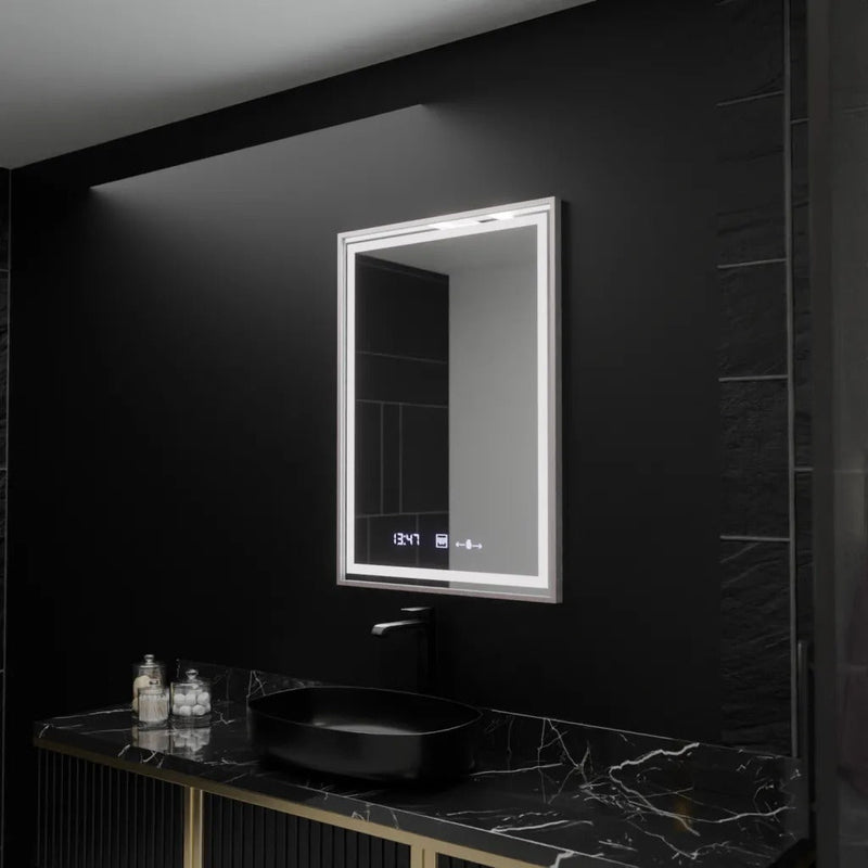Oglindă LED Baie cu Dezaburire Diodata, 50W, 60×80 cm, Buton Touch, Ceas