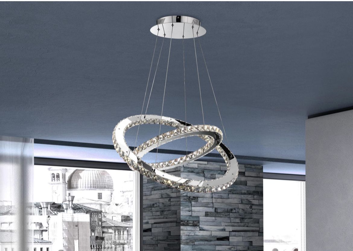 Pendul LED cu Telecomandă Teresina, 60W, Ø30 cm, cu Inele, cu Cristale, Lumină Caldă/Neutră/Rece - AdeHouse — Finisaje și Iluminat Premium.