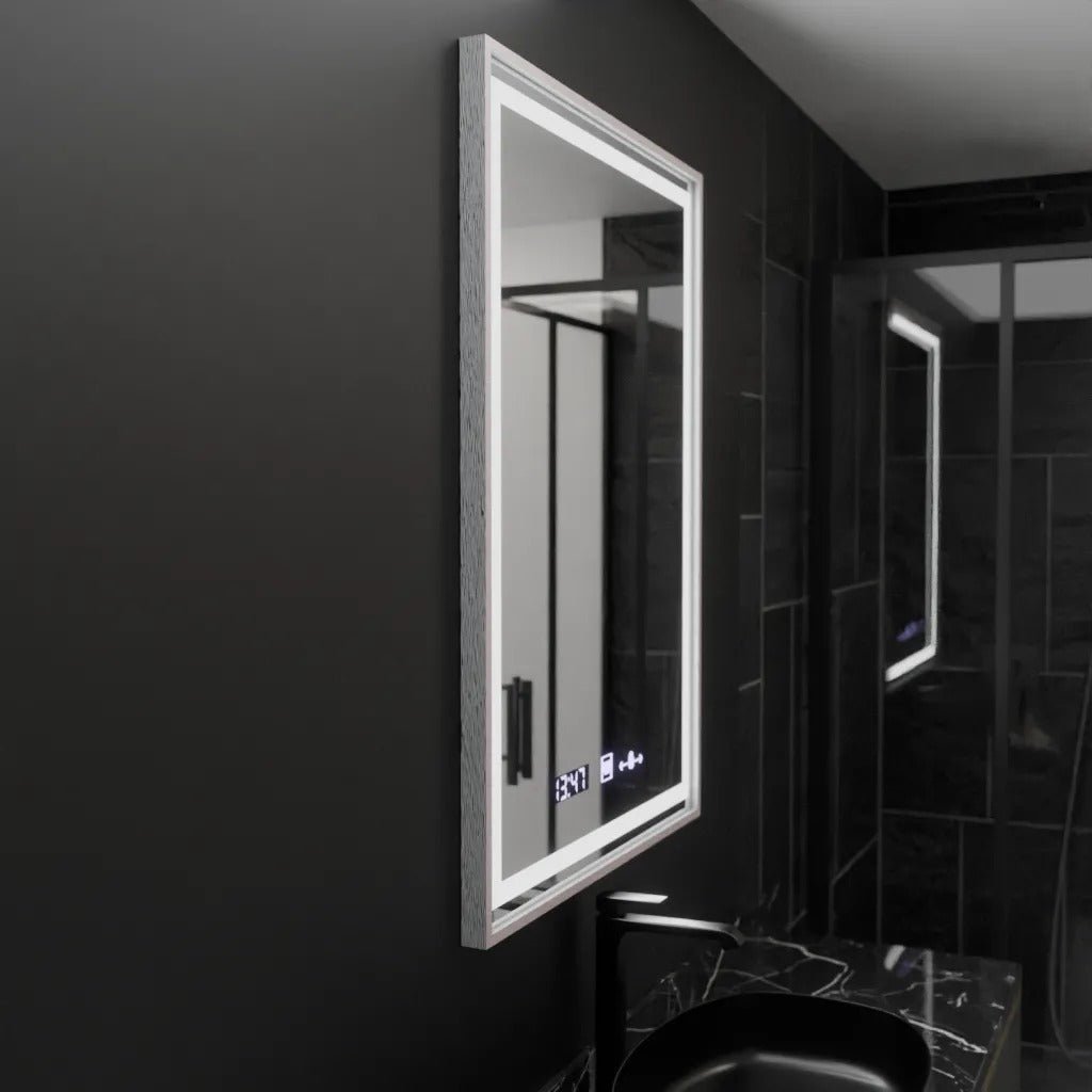 Oglindă LED Baie cu Dezaburire Diodata, Buton Touch, Ceas - AdeHouse — Finisaje și Iluminat Premium.