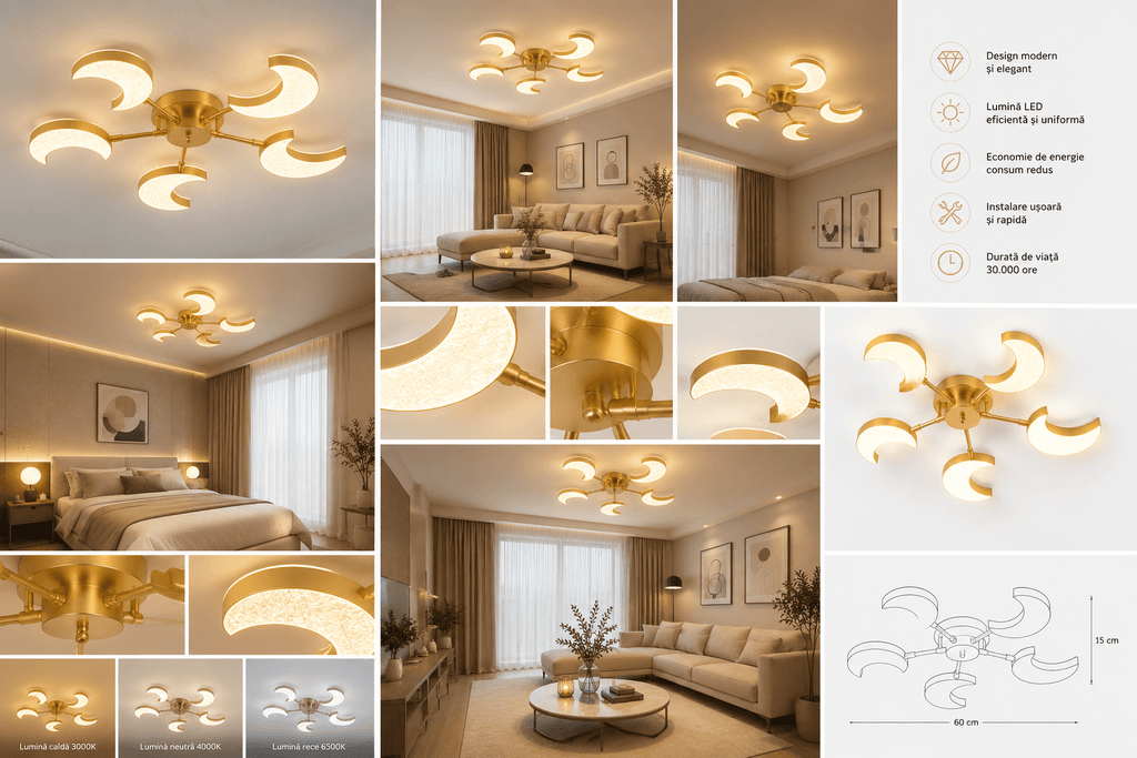 Lustră LED cu Telecomandă Veneranda, 80W, Auriu/Alb - AdeHouse — Finisaje și Iluminat Premium.
