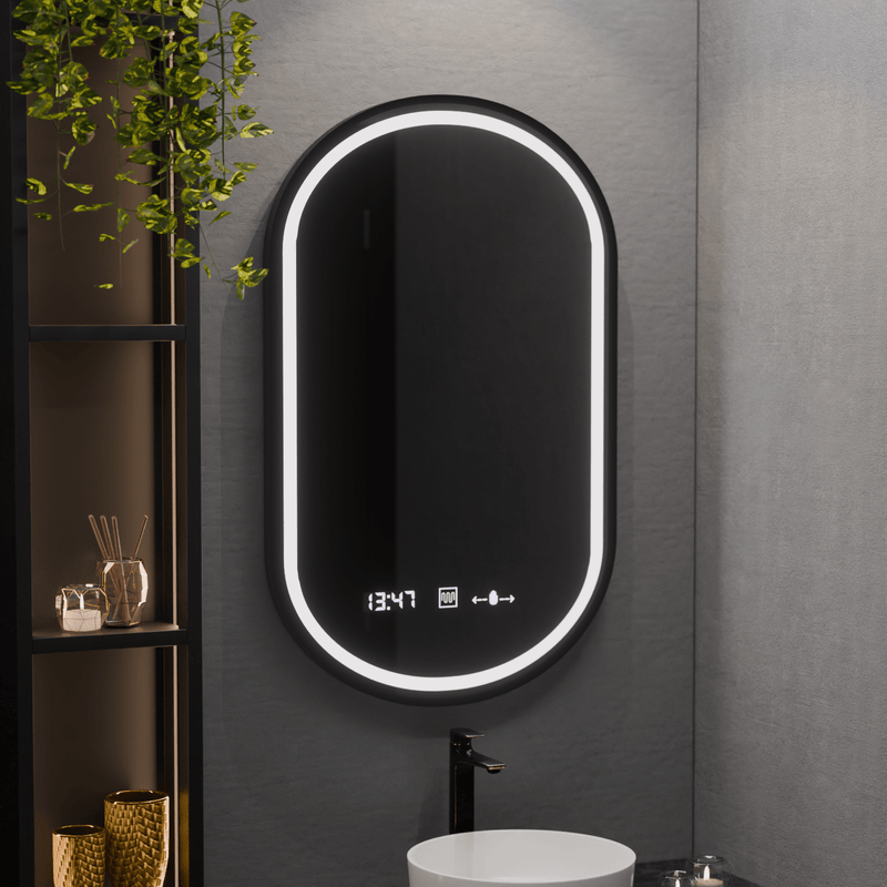 Oglindă LED Baie cu Dezaburire Berengaria, 50×80 cm, Buton Touch, Ceas