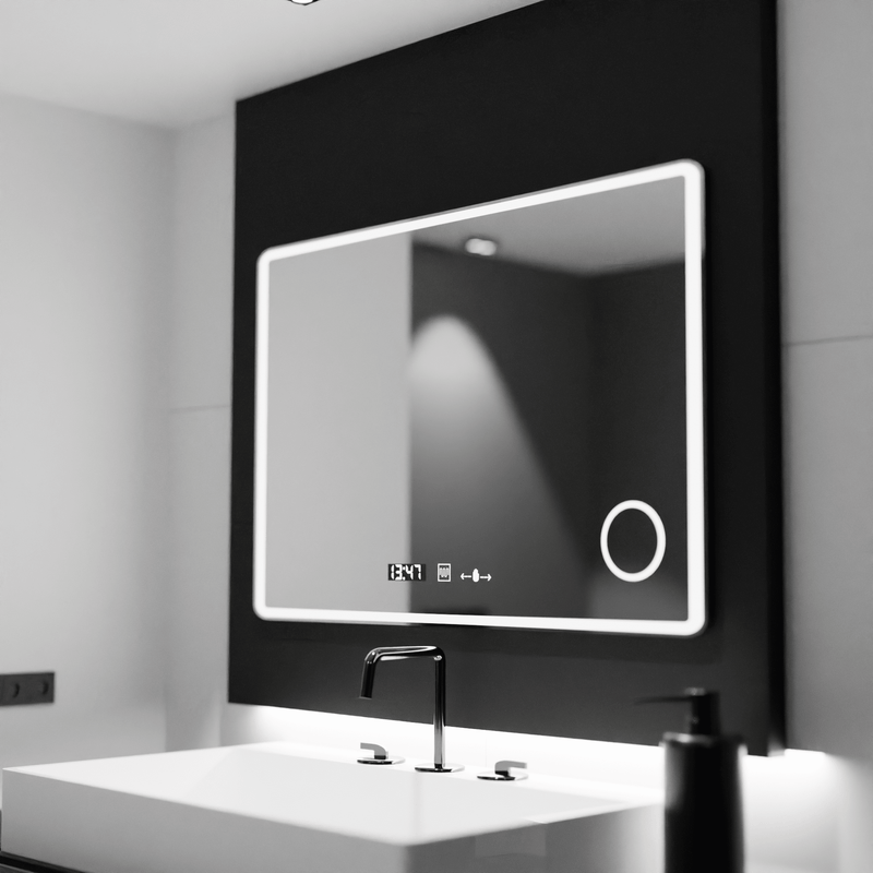 Oglindă LED Baie cu Dezaburire Zenaide, 120×80 cm, Ceas