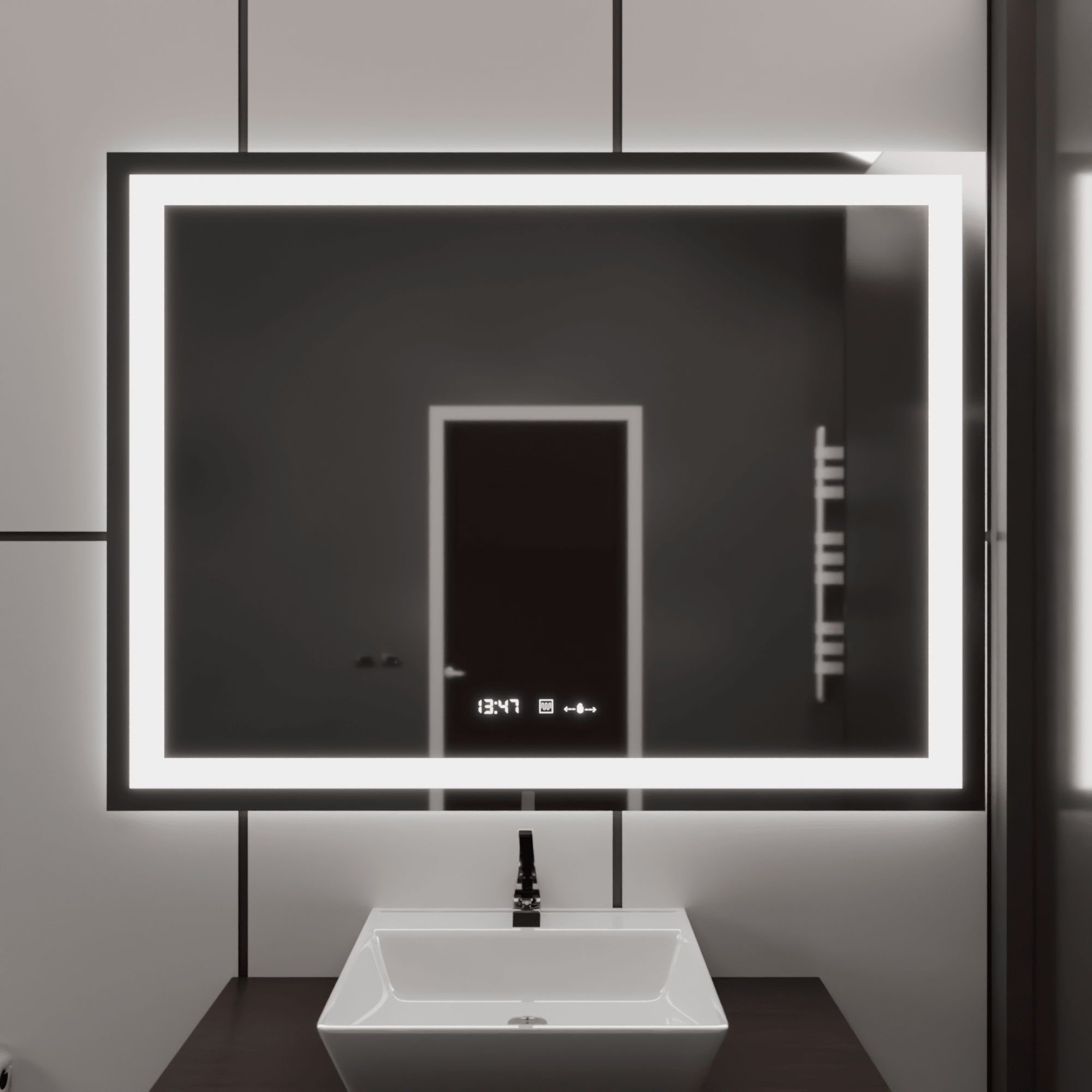 Oglindă LED Baie cu Dezaburire Odessa, Buton Touch, Ceas - AdeHouse — Finisaje și Iluminat Premium.