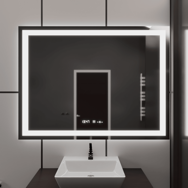 Oglindă LED Baie cu Dezaburire Odessa, 120×80 cm, Buton Touch, Ceas
