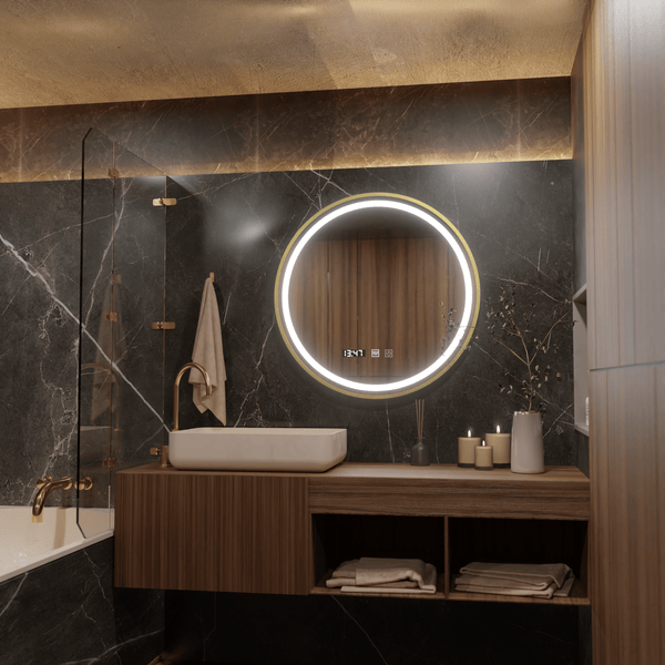 Oglindă LED Baie cu Dezaburire Ombretta II, Buton Touch, Ceas, Ramă Auriu