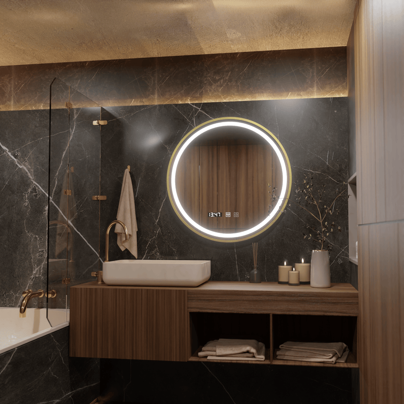 Oglindă LED Baie cu Dezaburire Ombretta II, Buton Touch, Ceas, Ramă Auriu