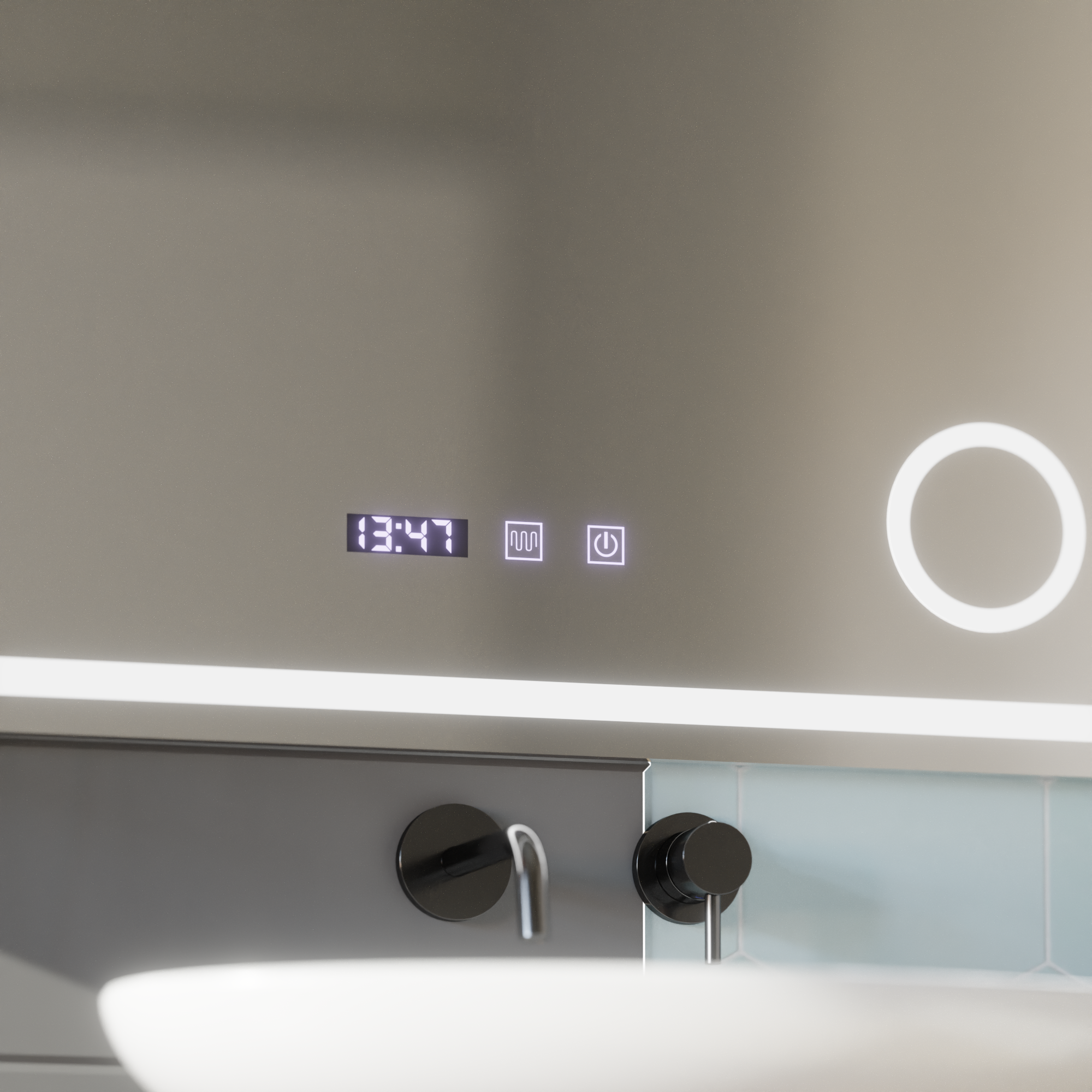 Oglindă LED Baie cu Dezaburire Katarina II, Buton Touch, Ceas