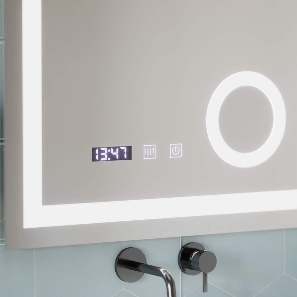 Oglindă LED Baie cu Dezaburire Ilaria II, Buton Touch, Ceas