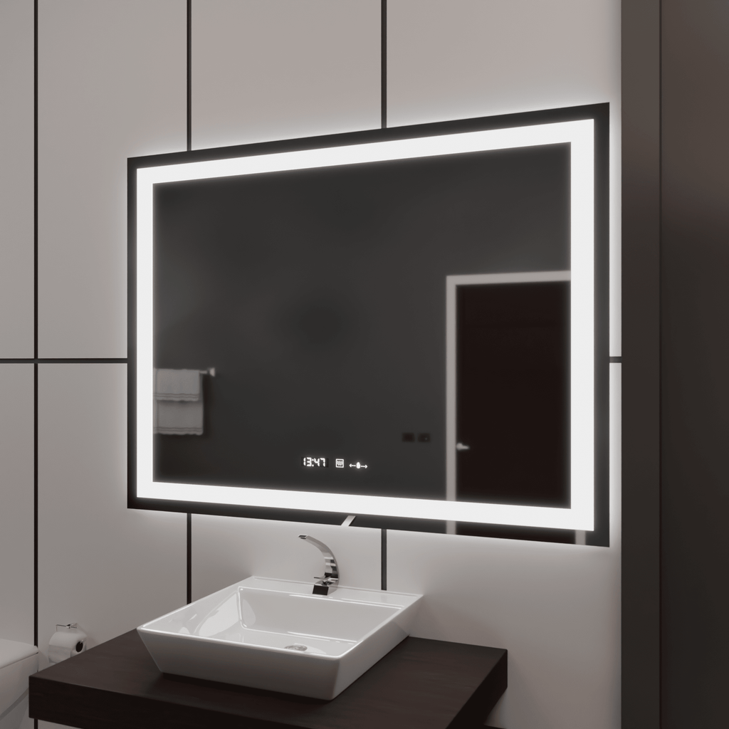 Oglindă LED Baie cu Dezaburire Odessa, Buton Touch, Ceas - AdeHouse — Finisaje și Iluminat Premium.
