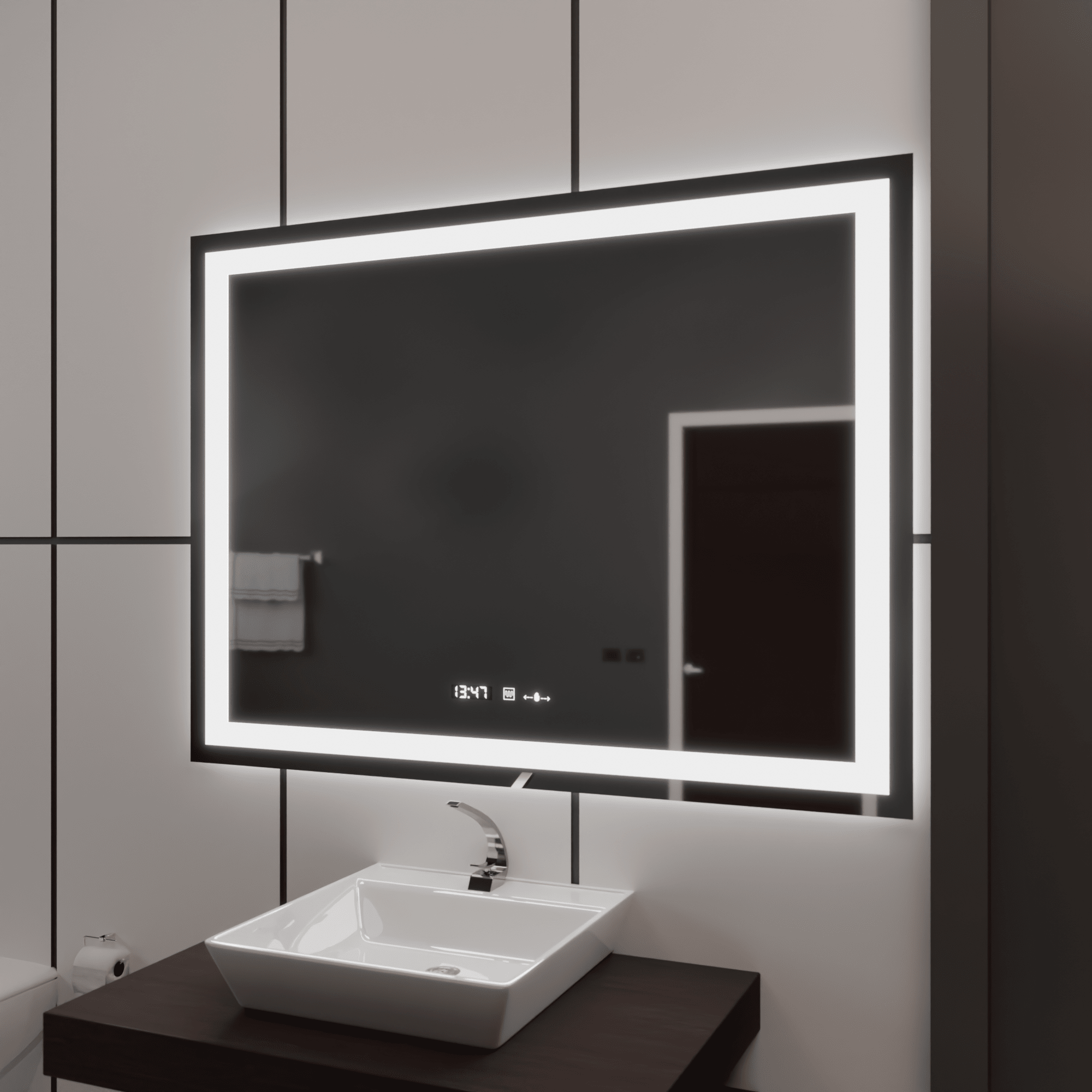 Oglindă LED Baie cu Dezaburire Odessa, Buton Touch, Ceas - AdeHouse — Finisaje și Iluminat Premium.