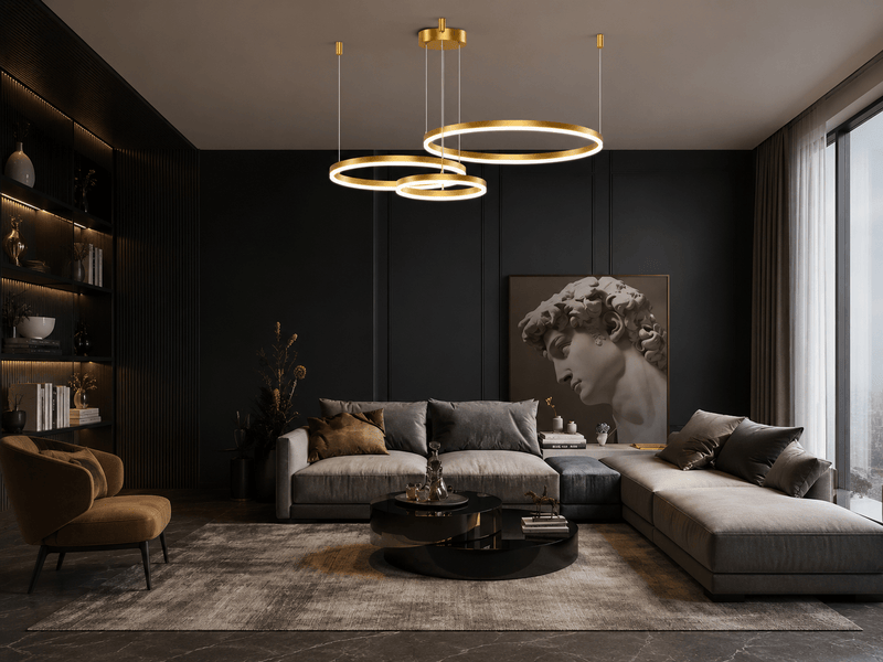 Pendul LED cu Telecomandă Vespera II 200W, 120×80 cm, cu Inele, Lumină Caldă/Neutră/Rece, Dimabil, Auriu