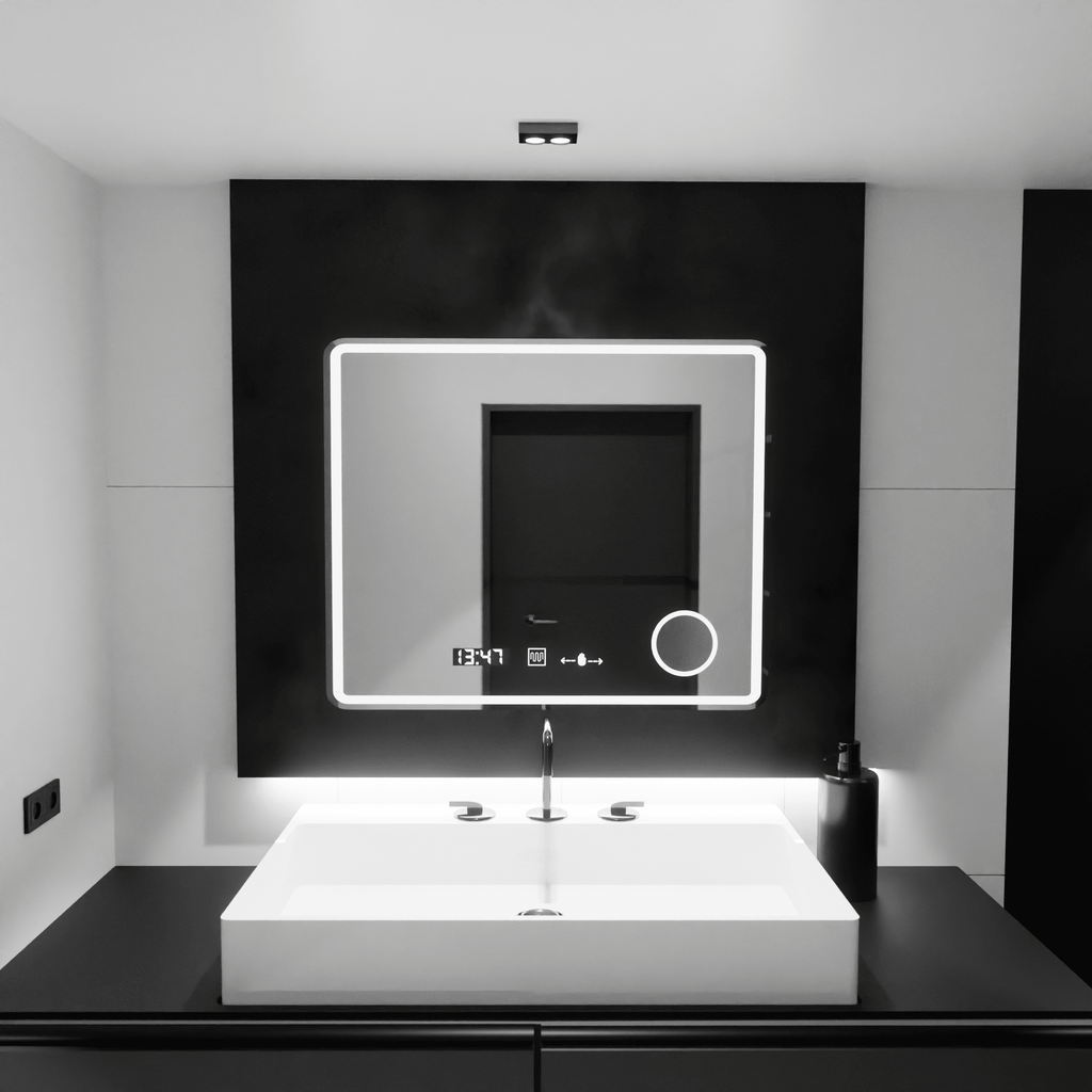 Oglindă LED Baie cu Dezaburire Tomasilda, Ceas - AdeHouse — Finisaje și Iluminat Premium.