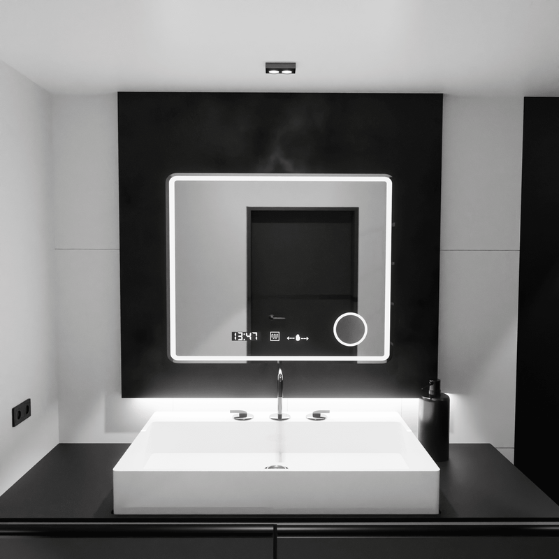 Oglindă LED Baie cu Dezaburire Tomasilda, 90×75 cm, Ceas