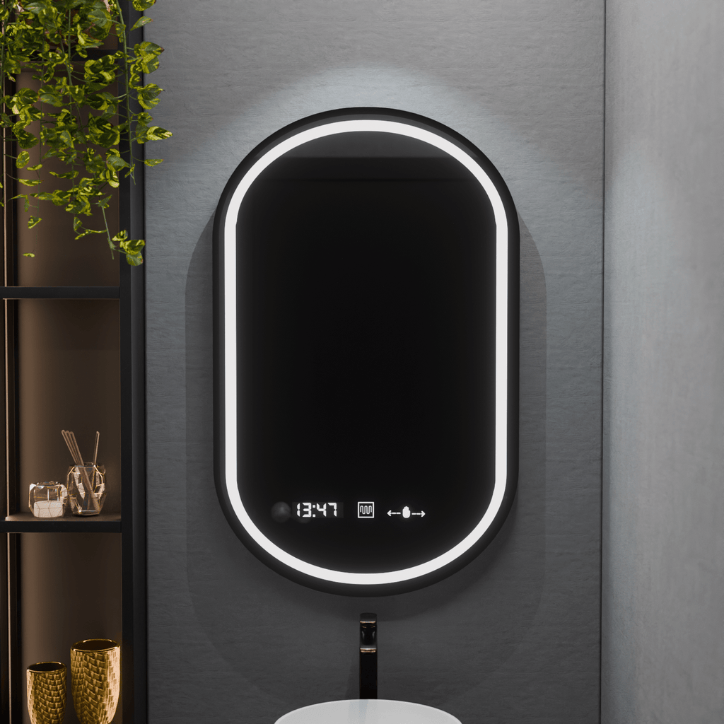 Oglindă LED Baie cu Dezaburire Berengaria, Buton Touch, Ceas - AdeHouse — Finisaje și Iluminat Premium.