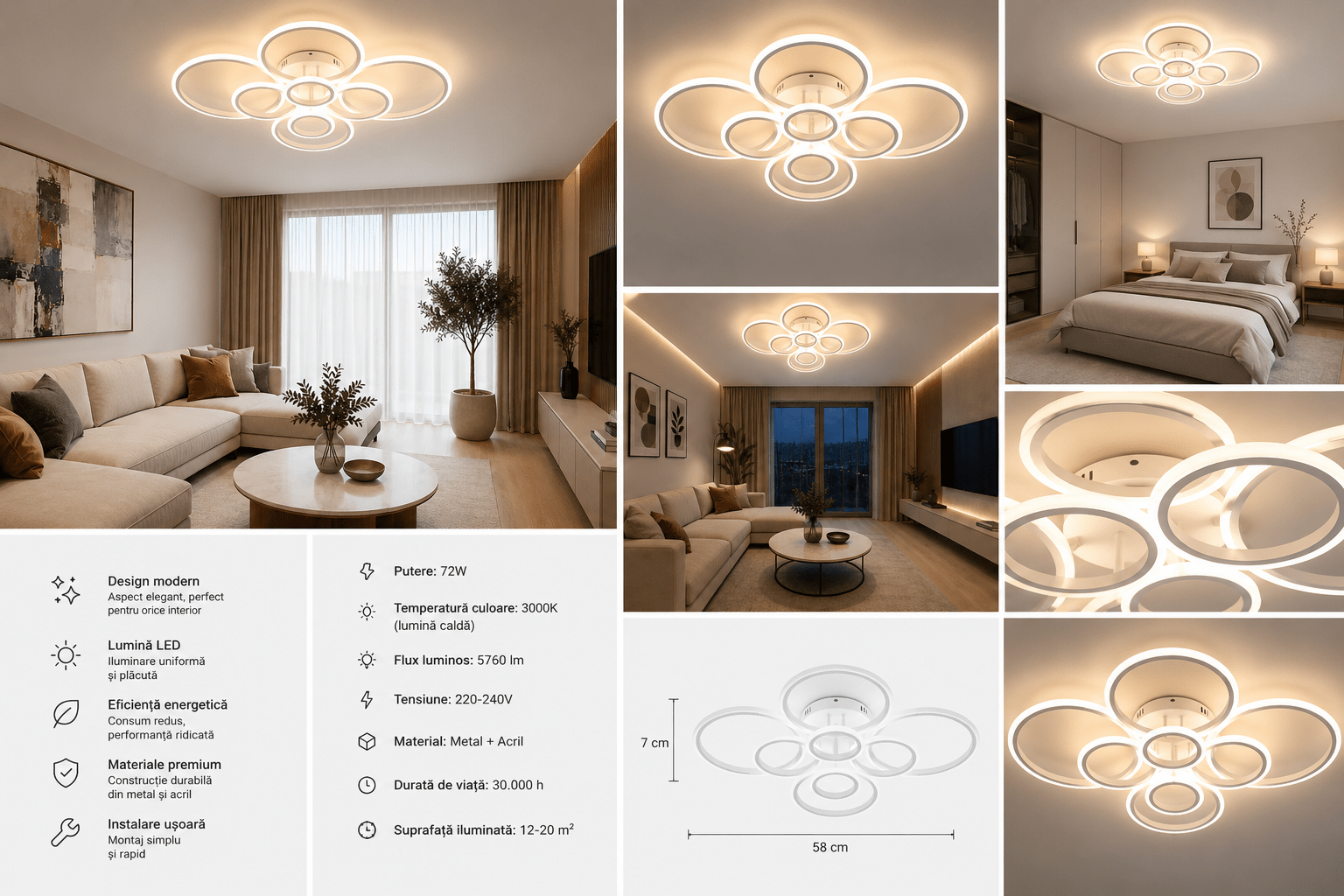 Lustră LED cu Telecomandă Fortunata, 180W, Lumină Caldă/Neutră/Rece - AdeHouse — Finisaje și Iluminat Premium.
