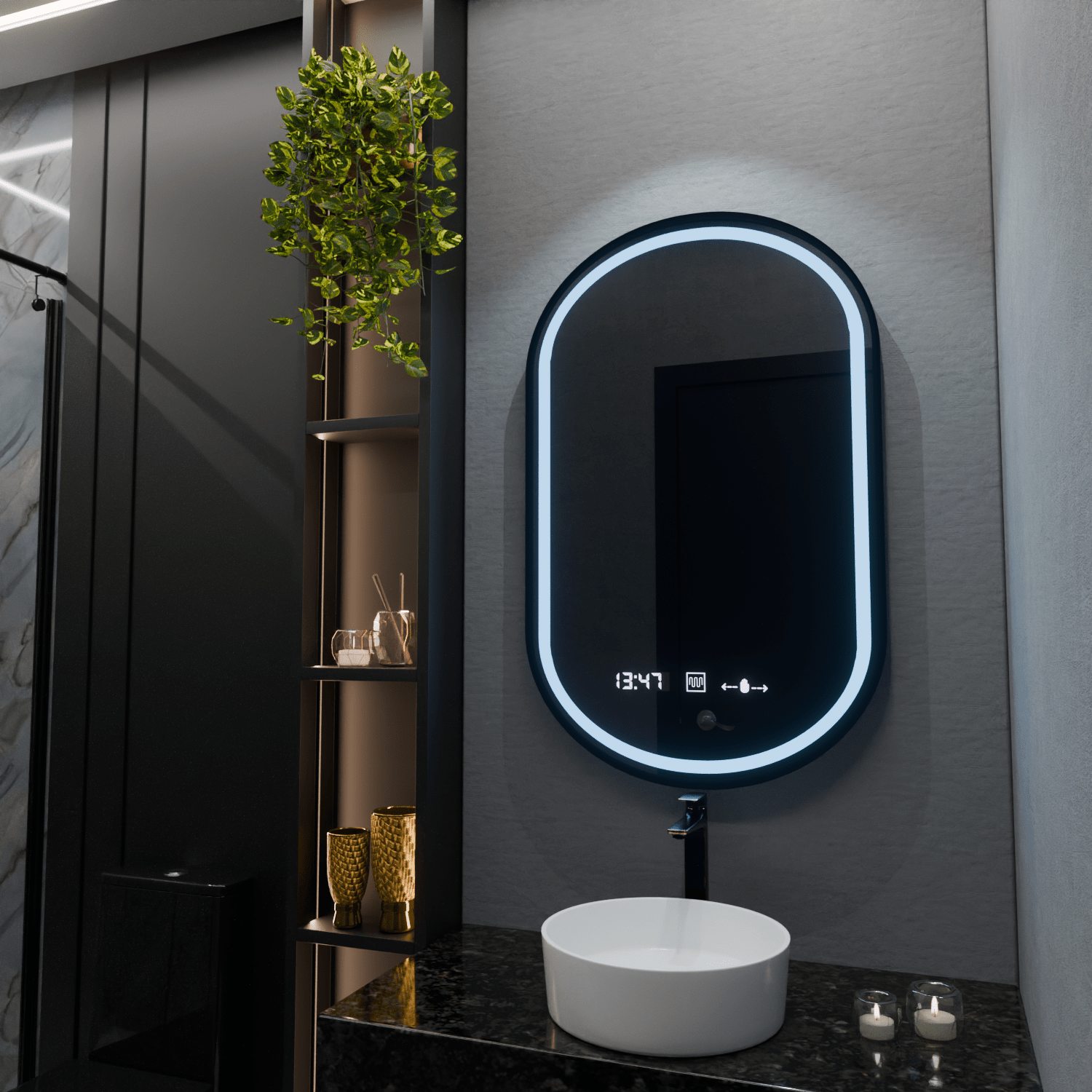 Oglindă LED Baie cu Dezaburire Berengaria, Buton Touch, Ceas - AdeHouse — Finisaje și Iluminat Premium.
