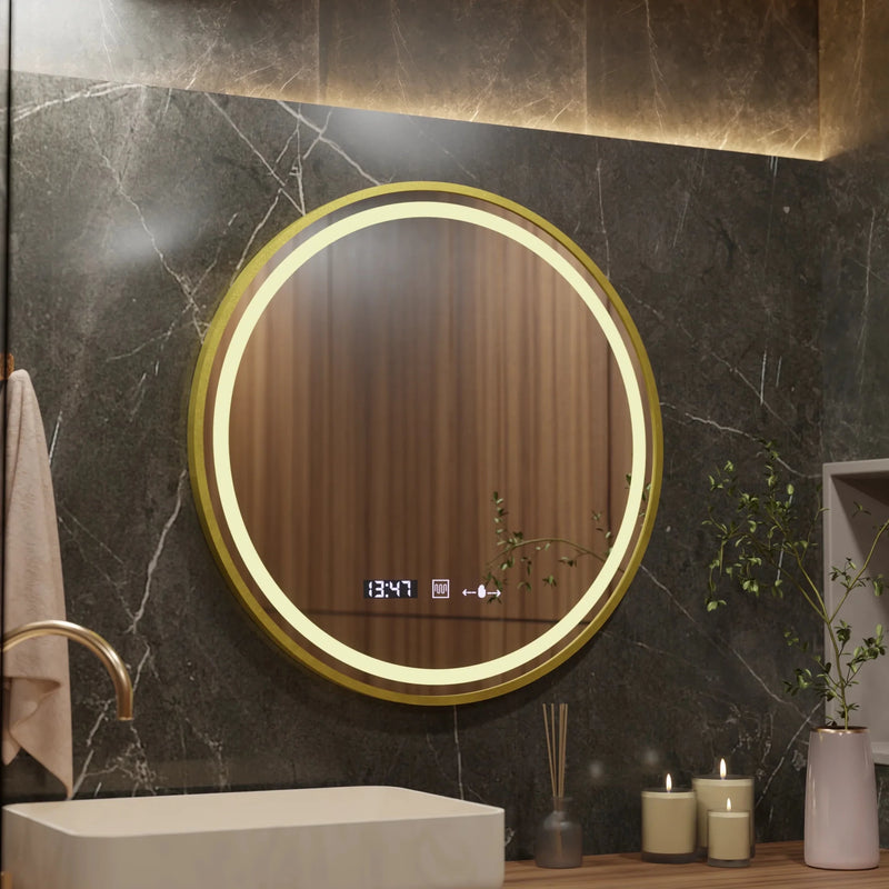 Oglindă LED Baie cu Dezaburire Perpetua II, 60×60 cm, Ceas, Dimabilă