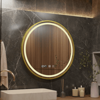 Oglindă LED Baie cu Dezaburire Ombretta II, Buton Touch, Ceas, Ramă Auriu - AdeHouse — Finisaje și Iluminat Premium.