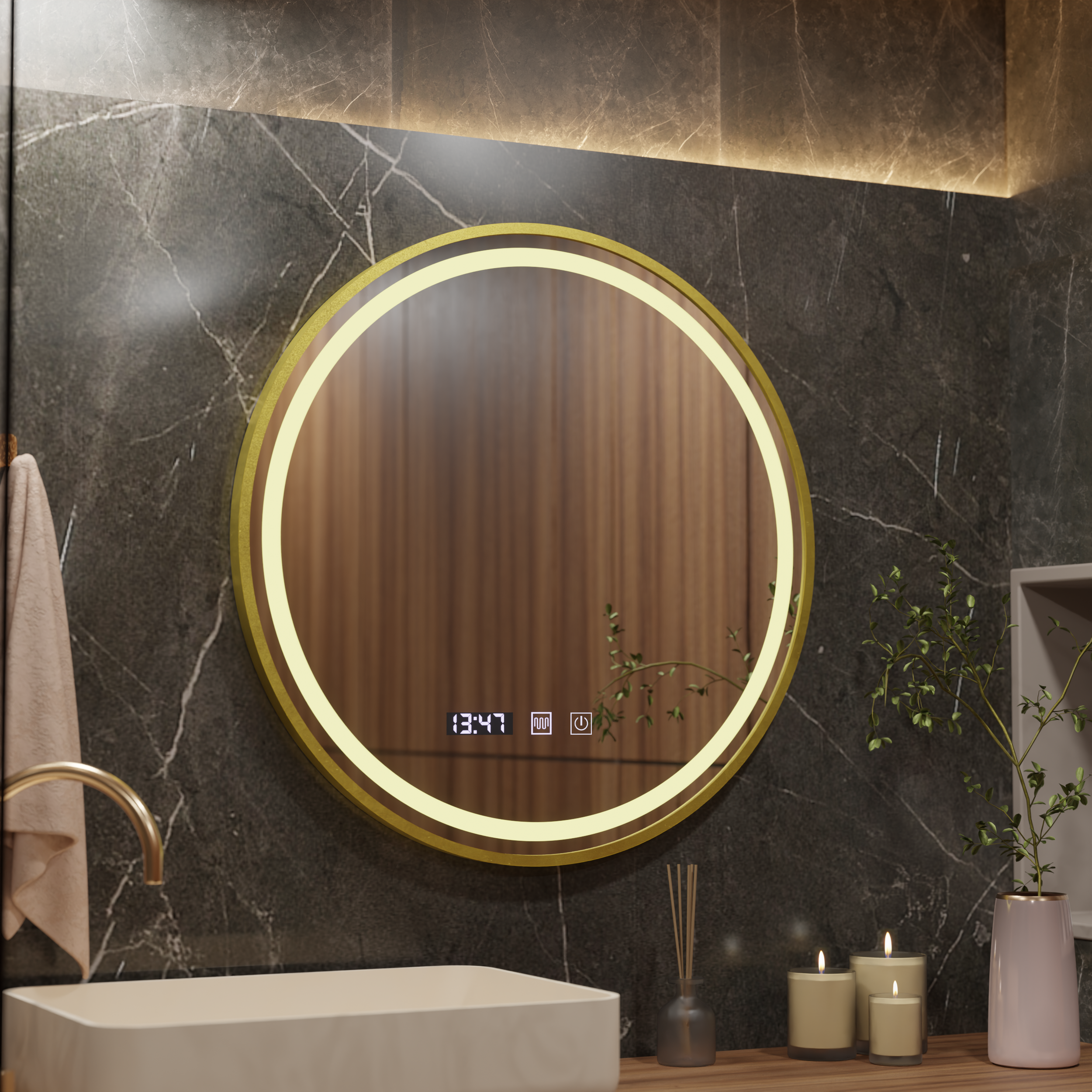 Oglindă LED Baie cu Dezaburire Ombretta II, Buton Touch, Ceas, Ramă Auriu