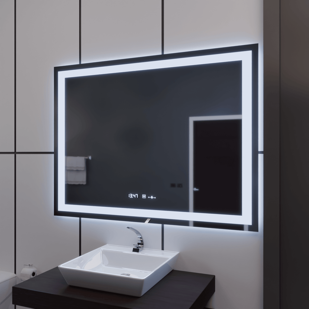 Oglindă LED Baie cu Dezaburire Odessa, Buton Touch, Ceas - AdeHouse — Finisaje și Iluminat Premium.