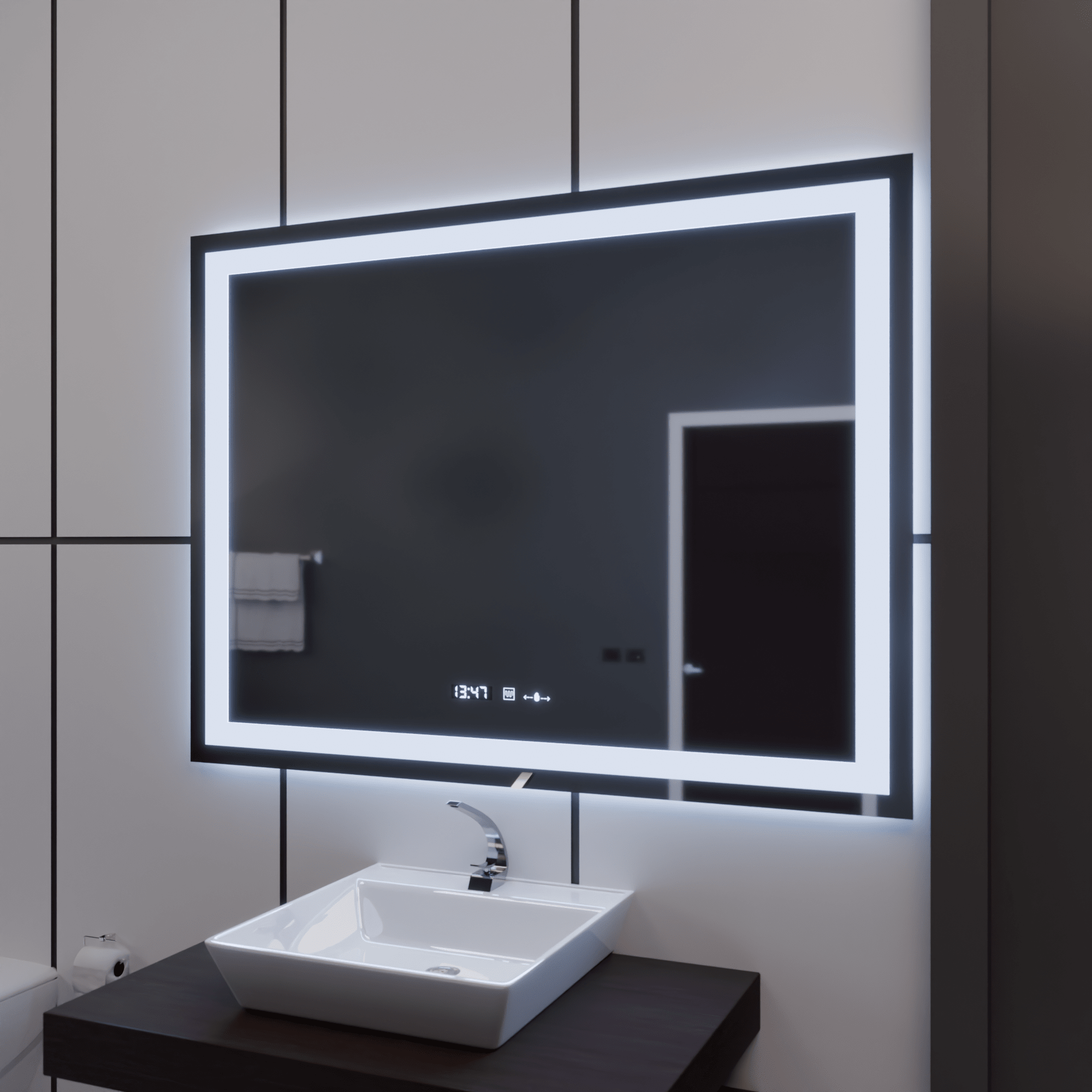 Oglindă LED Baie cu Dezaburire Odessa, Buton Touch, Ceas - AdeHouse — Finisaje și Iluminat Premium.
