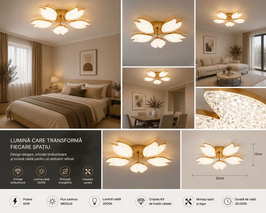 Lustră LED cu Telecomandă Onoria, 100W, Ø61 cm, cu Cristale, Lumină Caldă/Neutră/Rece, Auriu - AdeHouse — Finisaje și Iluminat Premium.