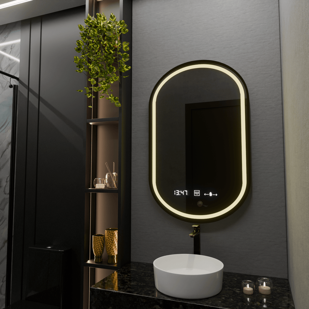 Oglindă LED Baie cu Dezaburire Berengaria, Buton Touch, Ceas - AdeHouse — Finisaje și Iluminat Premium.