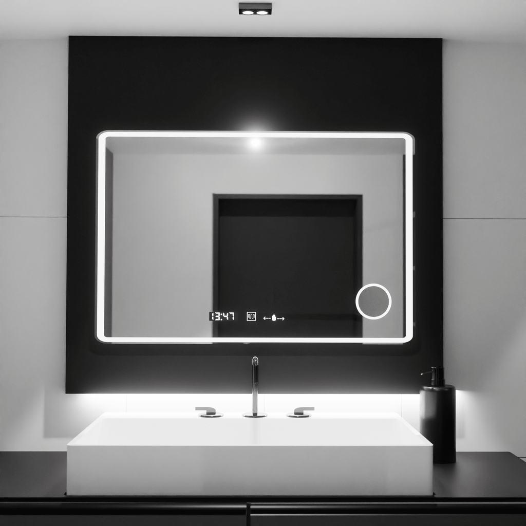 Oglindă LED Baie cu Dezaburire Zenaide, Ceas - AdeHouse — Finisaje și Iluminat Premium.