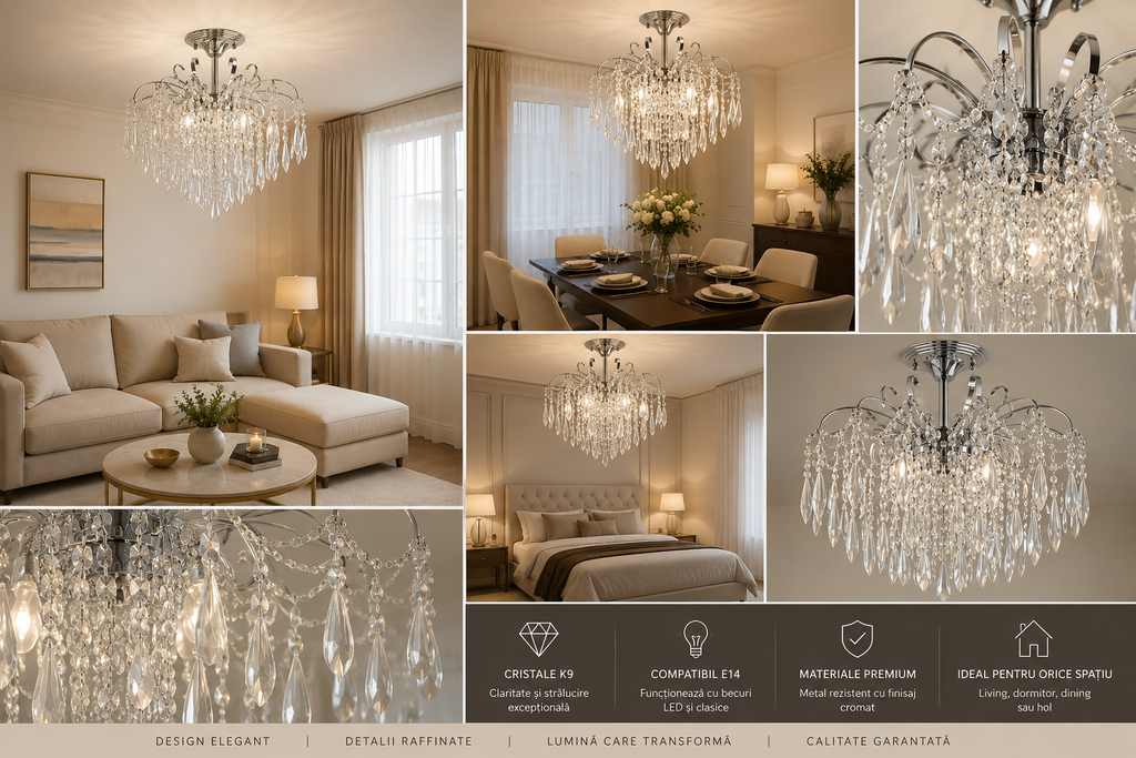 Candelabru Cristal Calanthe 60W, Crom