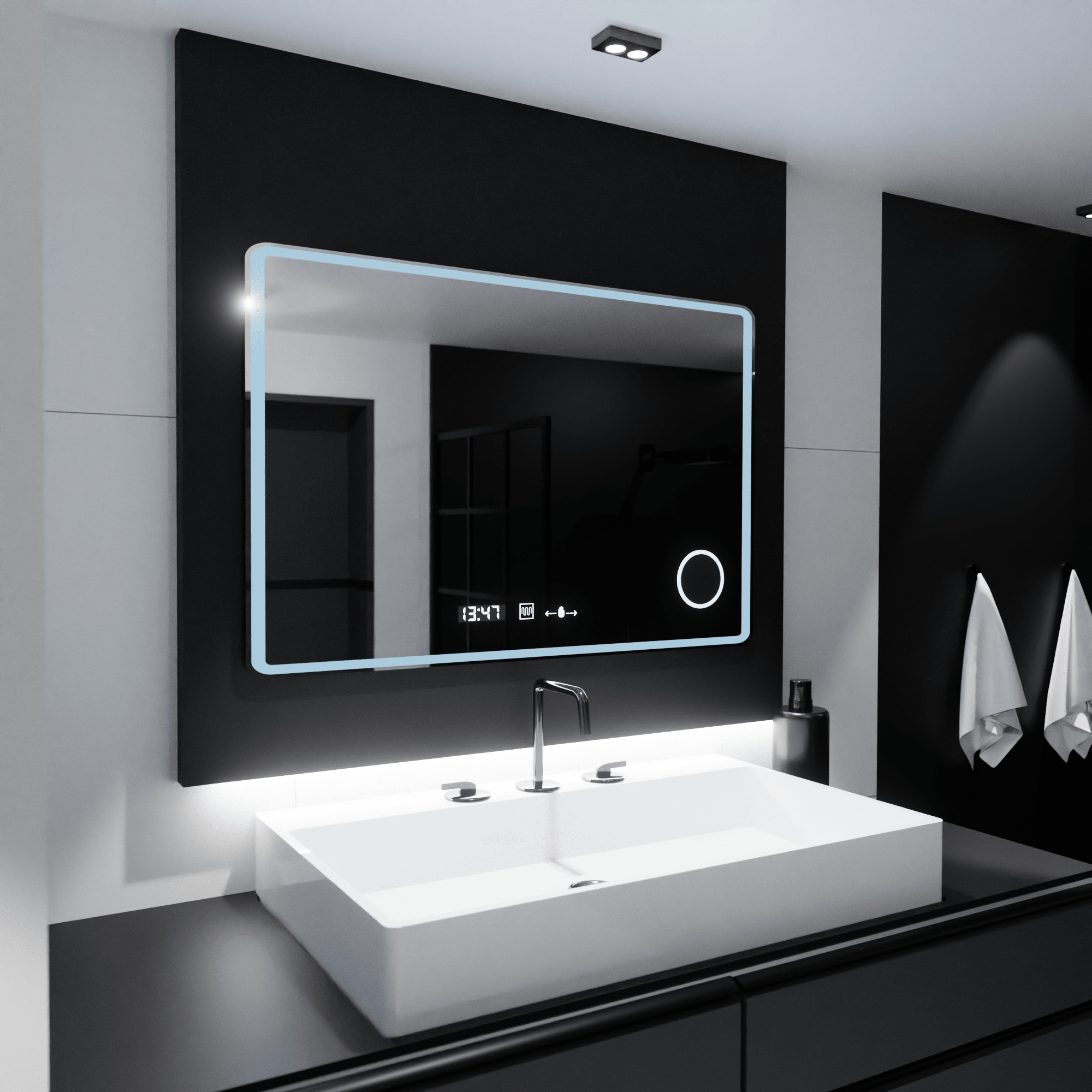 Oglindă LED Baie cu Dezaburire Zenaide, Ceas - AdeHouse — Finisaje și Iluminat Premium.