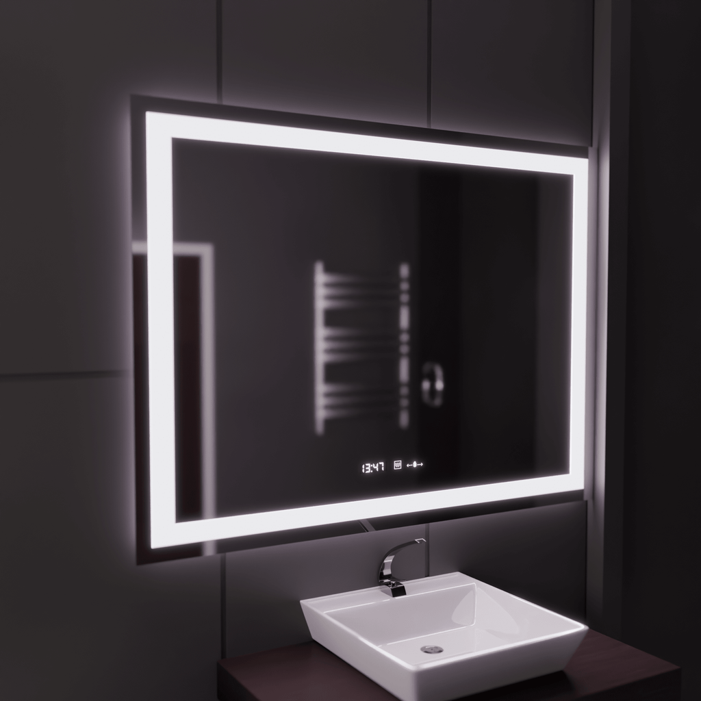 Oglindă LED Baie cu Dezaburire Odessa, Buton Touch, Ceas - AdeHouse — Finisaje și Iluminat Premium.