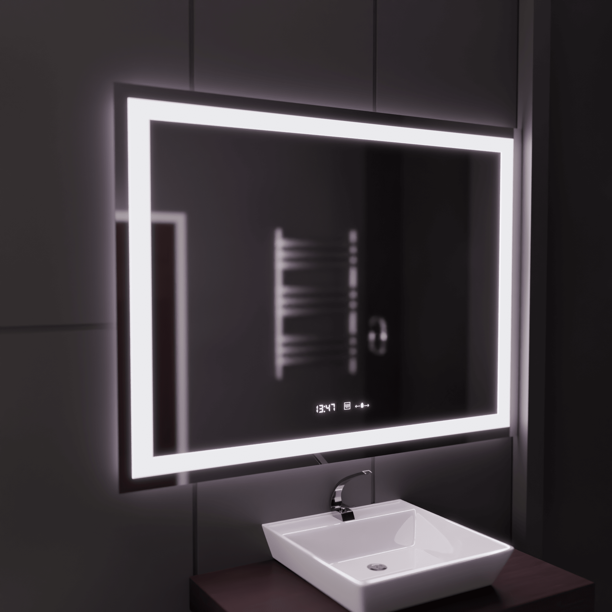 Oglindă LED Baie cu Dezaburire Odessa, Buton Touch, Ceas - AdeHouse — Finisaje și Iluminat Premium.